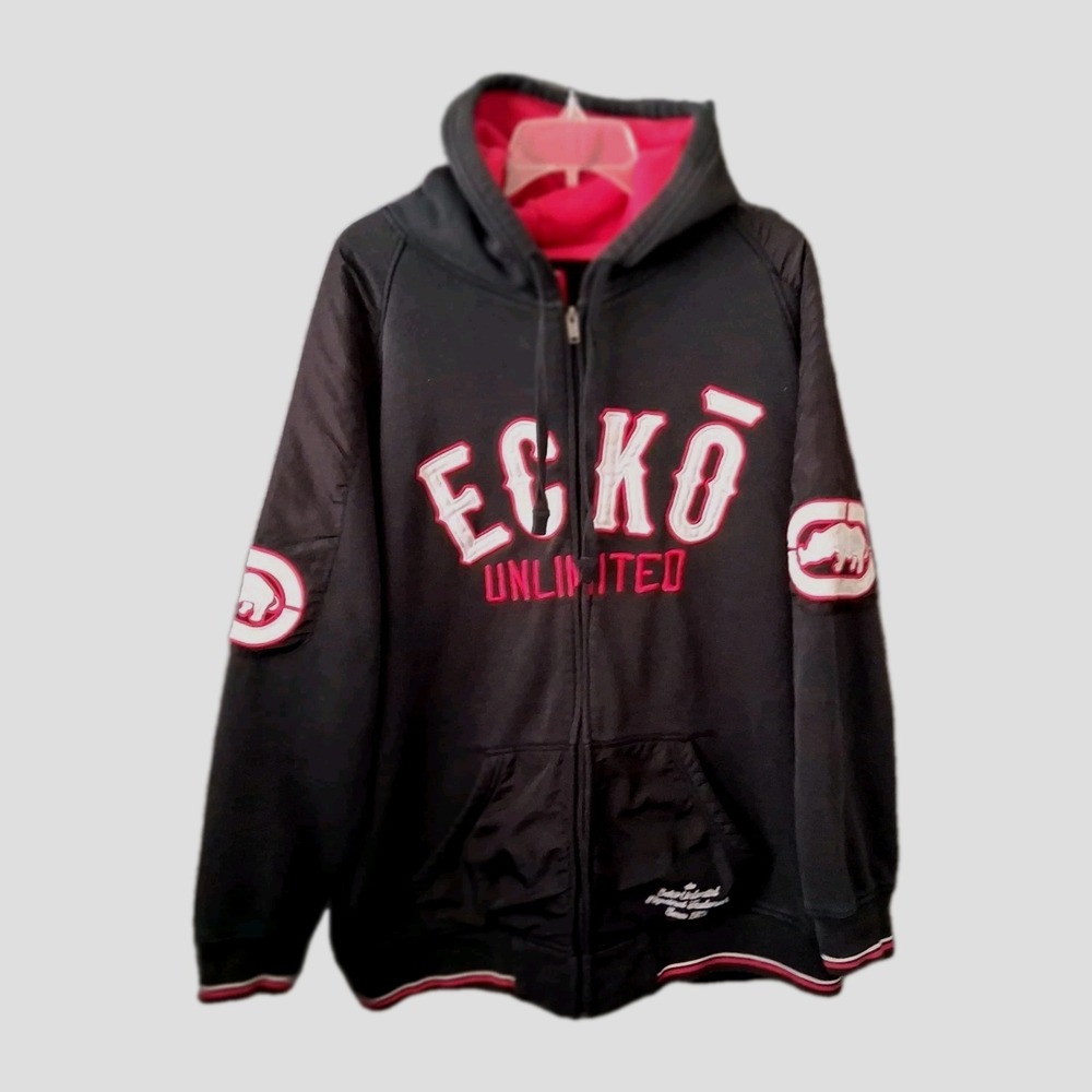 VTG Ecko Unlimited Hoodie Sweatshirt Black 2XL Baggy Skater Embroidered Y2K